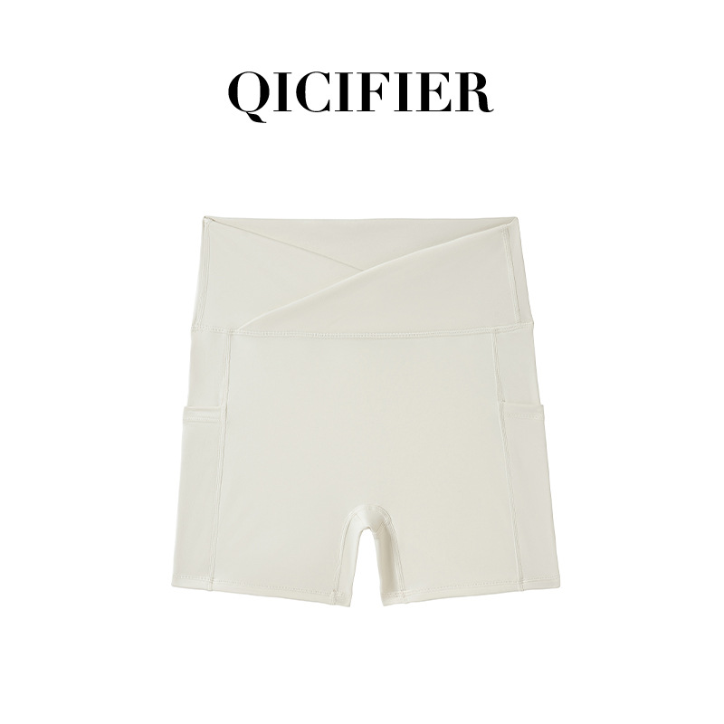 Qcfe New Pocket High Waist Hip Lift Yoga Short-Length Pants Outdoor Sports Running Nude Feel Quick-Drying Yoga Shorts for Women