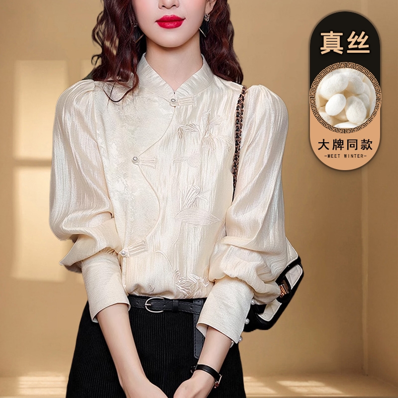 新中式轻国风刺绣真丝衬衫女长袖立领衬衣气质小衫桑蚕丝上衣热卖