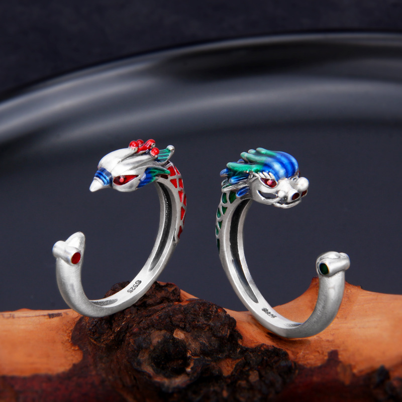 s925纯银国潮珐琅龙凤吉祥戒指男霸气个性中国风青龙朱雀情侣对戒