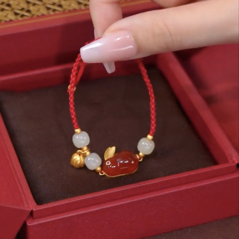 Red Agate K Gold Animal Year Rabbit Bracelet Female Hetian Jade Escaped Princess Bracelet New Year Gift