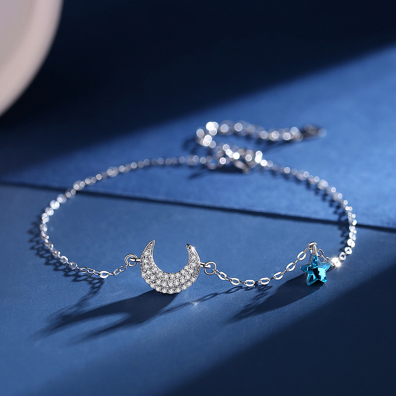 925纯银月亮手链女镀金韩版ins小众设计镶钻网红星月手饰简约首饰