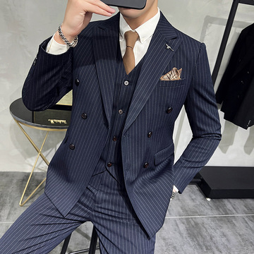 男装双排扣西装男士西服套装新郎婚礼结婚条纹正装三件套休闲外套-阿