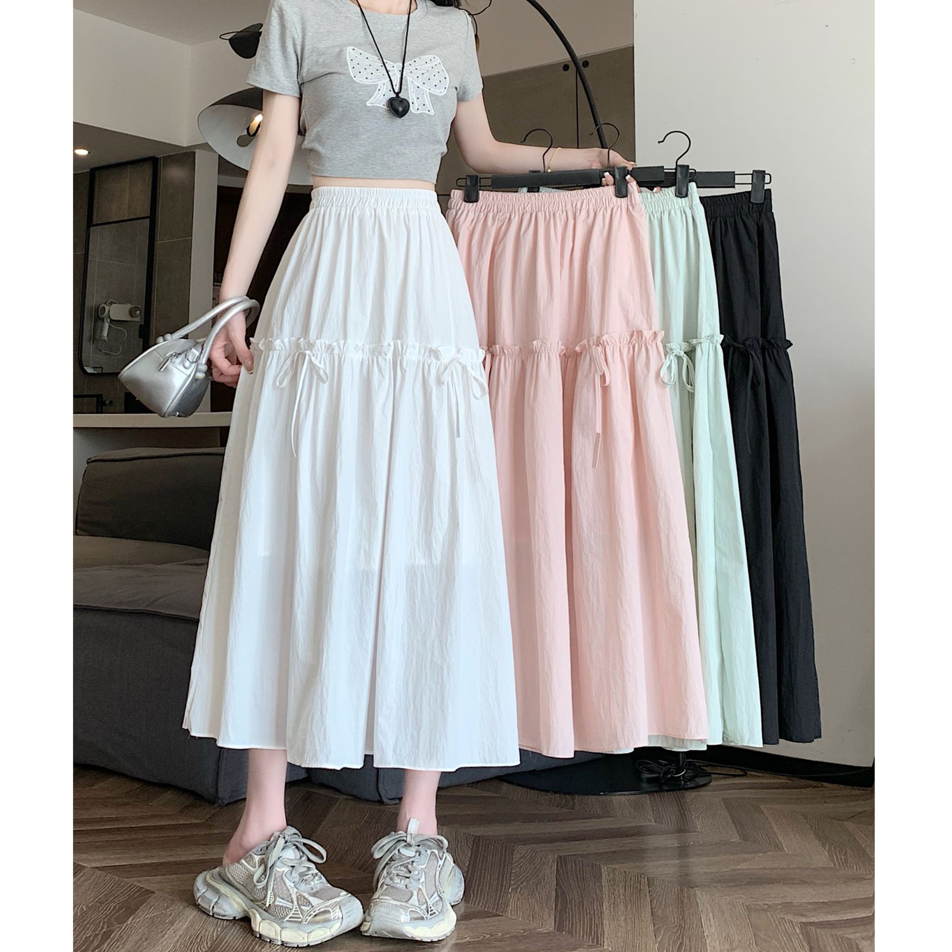 白色棉麻半身裙女夏季松紧腰a字裙小个子高腰显瘦大摆山本长裙子