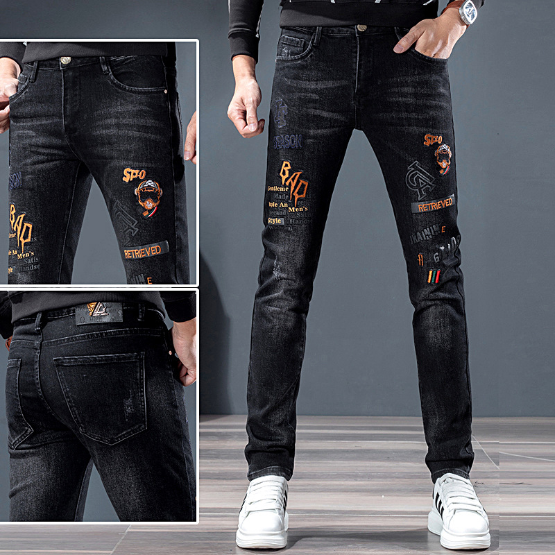 Denim Men's Pants European Station High-End Quality Embroidered Jeans Men's Stretch Slim Casual Black Cow Men's Trousers Wholesale
