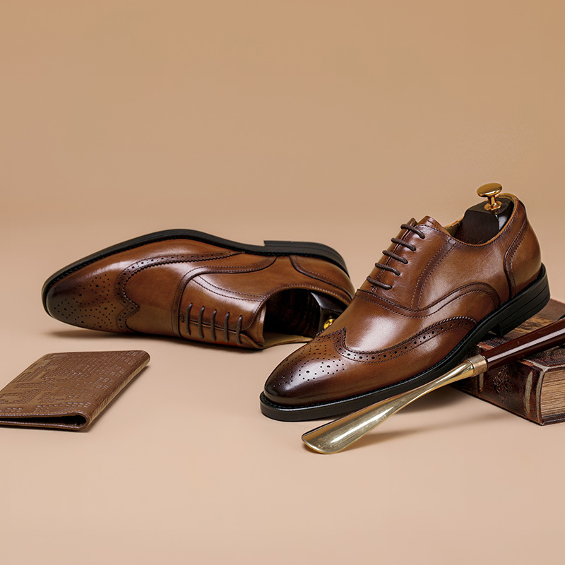 春季男士皮鞋男真皮商务正装透气牛津鞋头层牛皮三接头男鞋英伦风