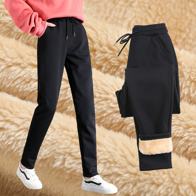 加绒运动裤女秋冬季仿毛羊羔绒裤子宽松休闲卫裤外穿加厚保暖棉裤