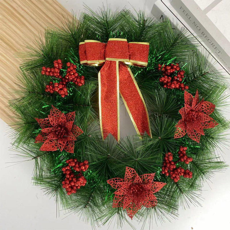 亚马逊爆款圣诞花环藤条40三朵红花圣诞节装饰花环摆件场景布置品