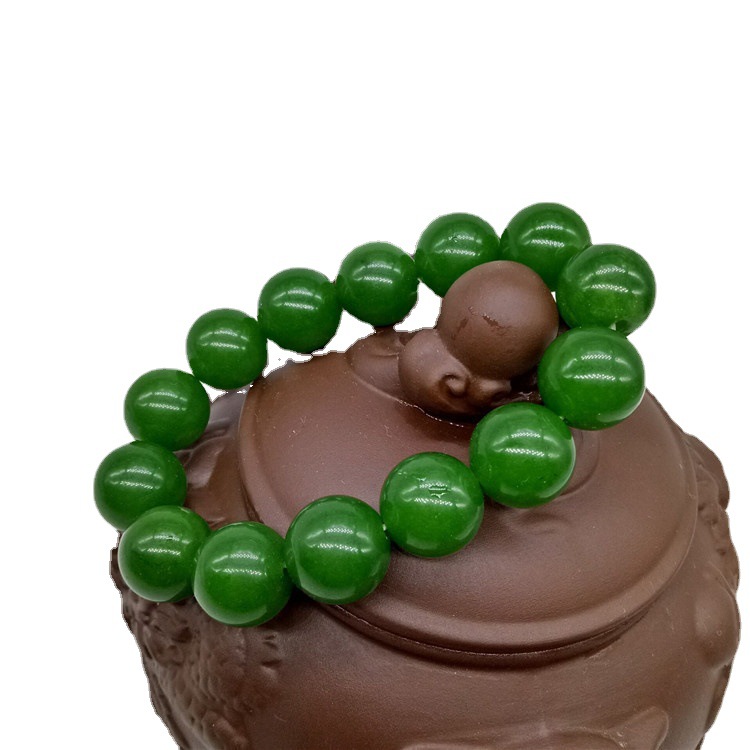 然台湾青玉手链 纯正菠菜绿玉石手链 男女款圆珠手串 厂家直销