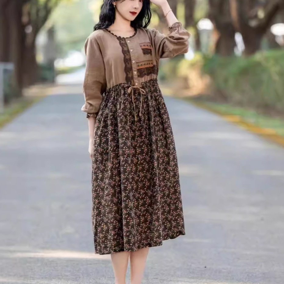 5536秋装新品时尚休闲女装长袖圆领拼接花色棉麻韩版连衣裙-阿里巴巴