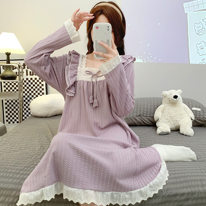 Nightdress Women's Spring and Autumn 6535 Cotton Princess Style Long Sleeve Mid-Length Pajamas plus-Sized Large Size Fat Mm220 Home Wear