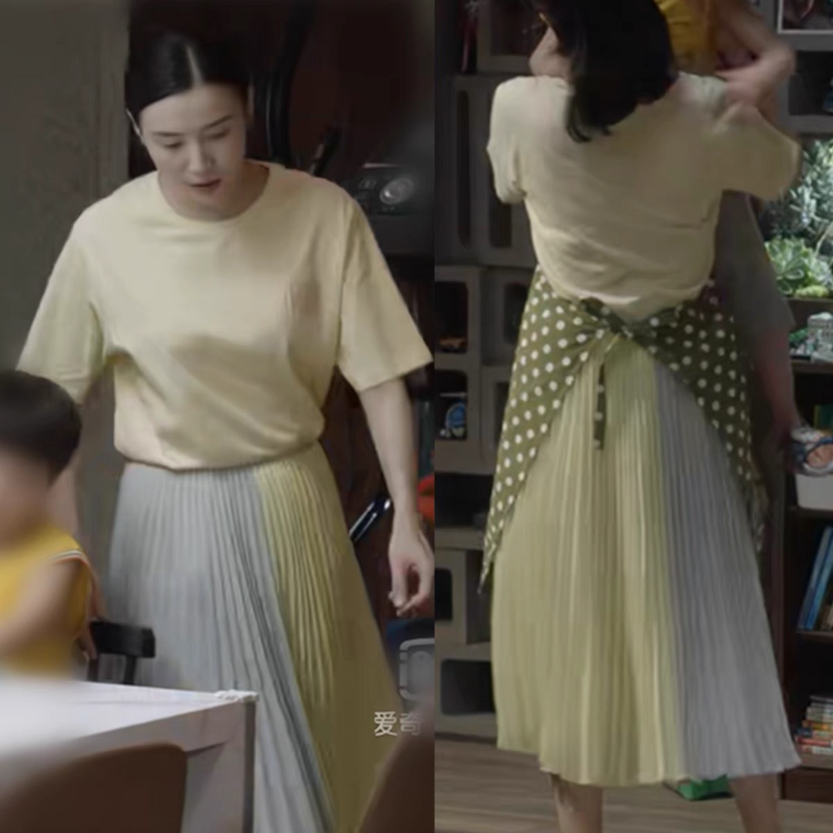 小舍得南俪宋佳同款蓝黄拼色雪纺中长款压褶半身裙黄色t恤套装夏