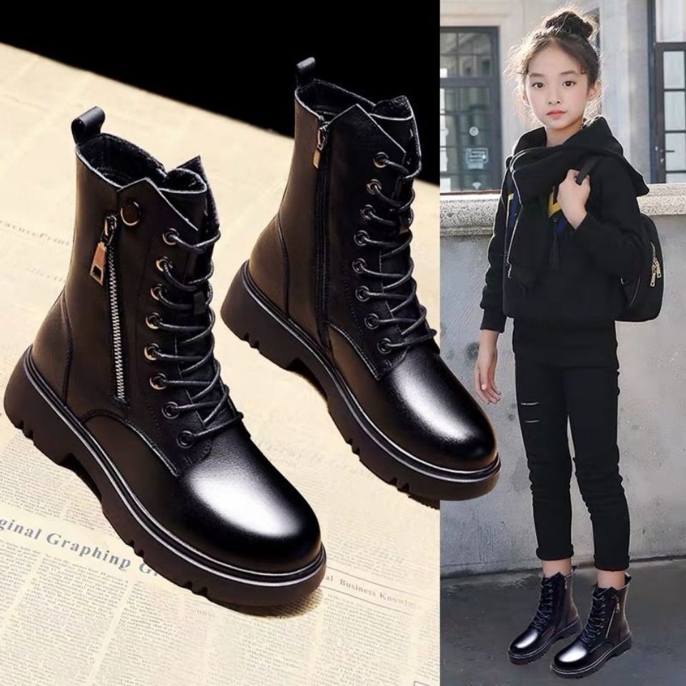 女童靴子2021秋冬新款女童鞋冬加绒儿童马丁靴女孩英伦风网红短靴