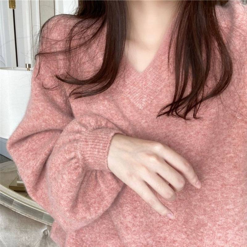 毛衣女韩系领粉色温柔风套头针织毛衣女春秋新款上衣宽松慵懒风外