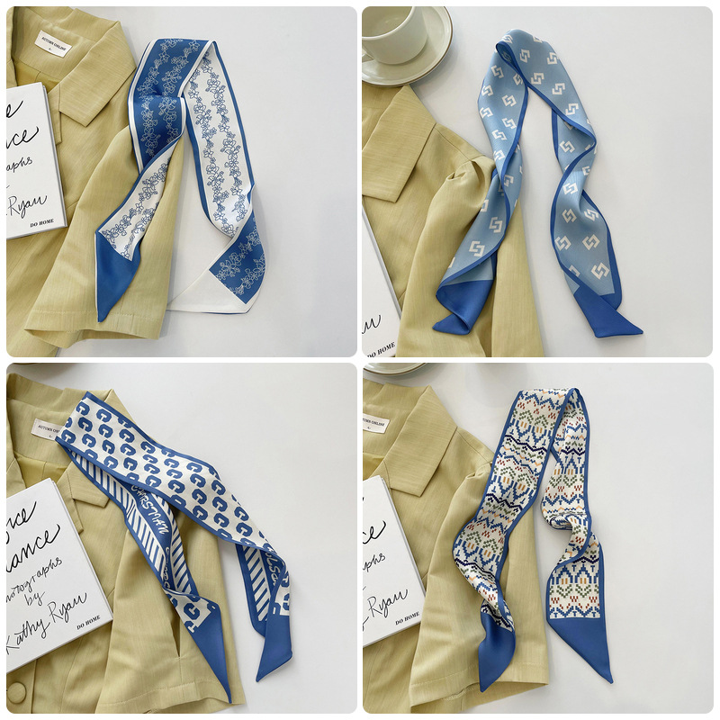 Blue Color Gentle Feeling Spring and Summer Daily with Small Silk Scarf Female Hair Band Tied-up Hair Thin Narrow Ribbon Arm Bag Scarf Korean Style