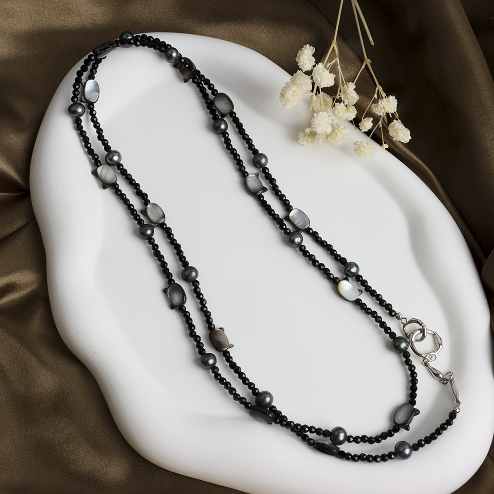 天然淡水珍珠新款贝母黑猫黑尖晶毛衣链女时尚气质原创
