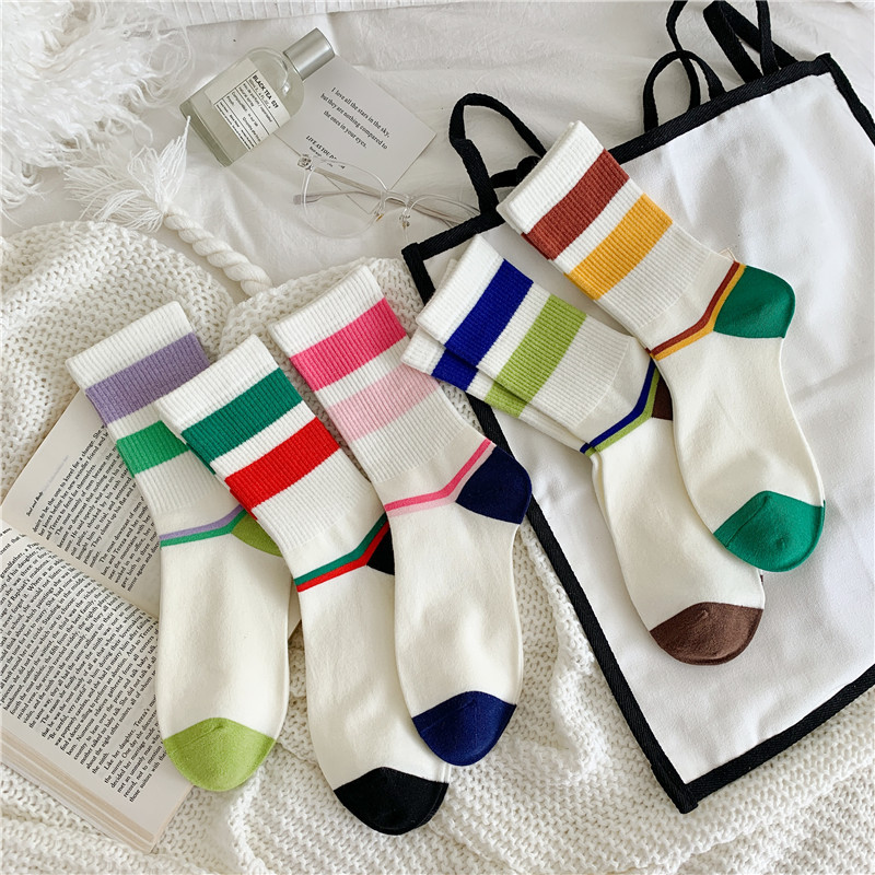 袜子女秋冬新款撞色条纹女中筒袜ins潮复古学院风女