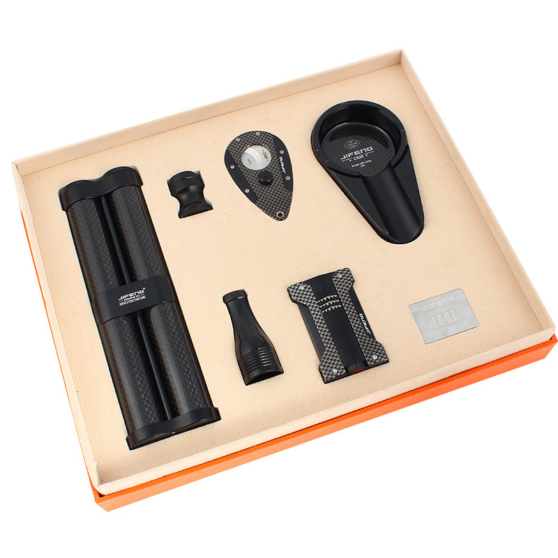 季风雪茄套装黑色雪茄剪刀雪茄打火机雪茄筒雪茄烟灰缸便携6件