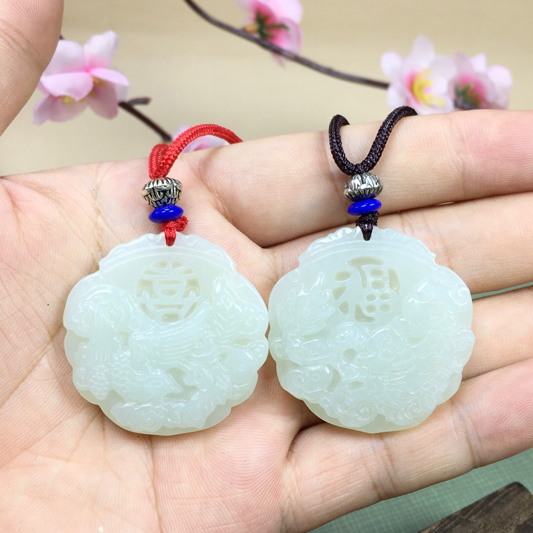 保真和田玉白玉龙凤对佩玉牌情侣款福龙喜凤玉石吊坠玉佩挂件项链