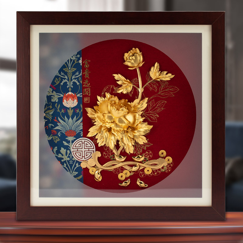 花开富贵立体金箔画高端大气 送朋友礼物礼品摆件收藏家居装饰品