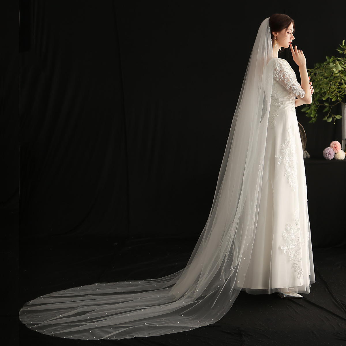 v657高端双层珍珠新娘头纱 欧美奢华拖尾三米超长大头纱旅拍头饰