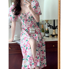韩版法式复古碎花雪纺短袖方领修身显瘦收腰连衣裙时尚夏季新款