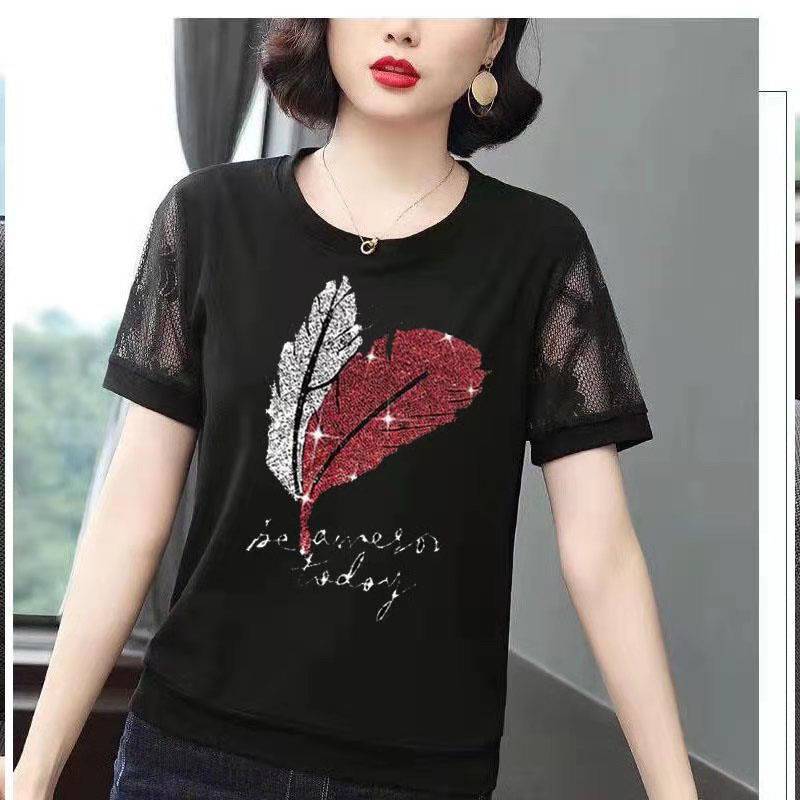 Short Sleeve Shirt Women's Western Style Small Shirt 2023 New Korean Mesh Half Sleeve Stitching Black T-shirt Mom Summer Clothes Fashion