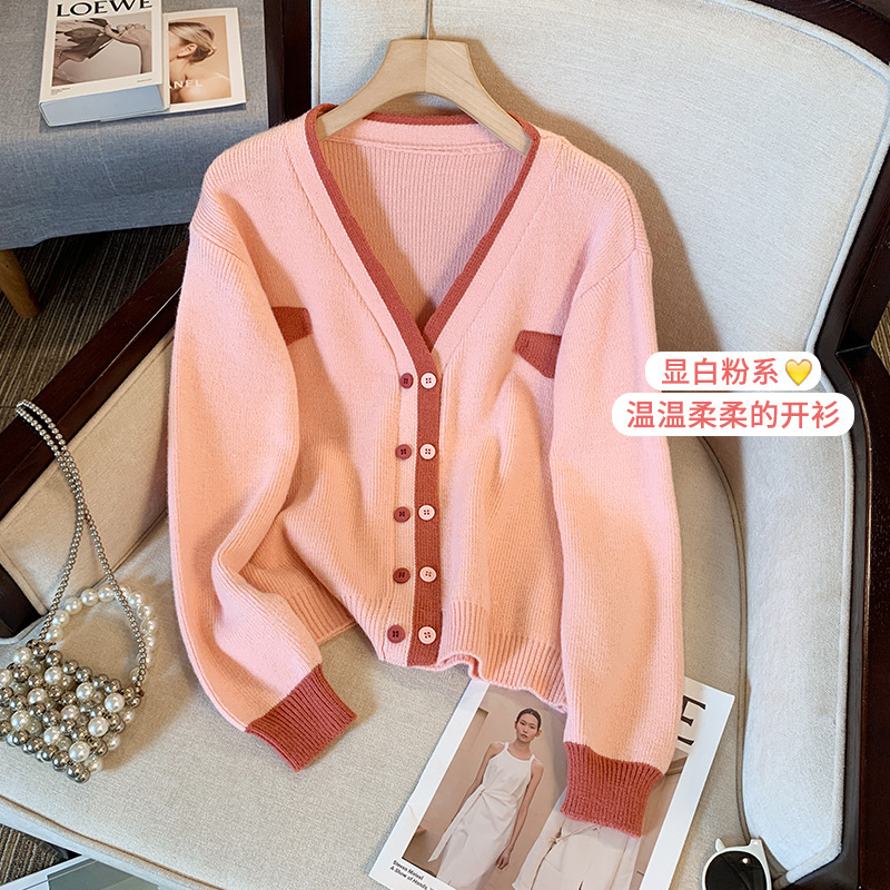 2023秋冬新款v领双排扣针织开衫外套女小众气质拼色长袖毛衣外套