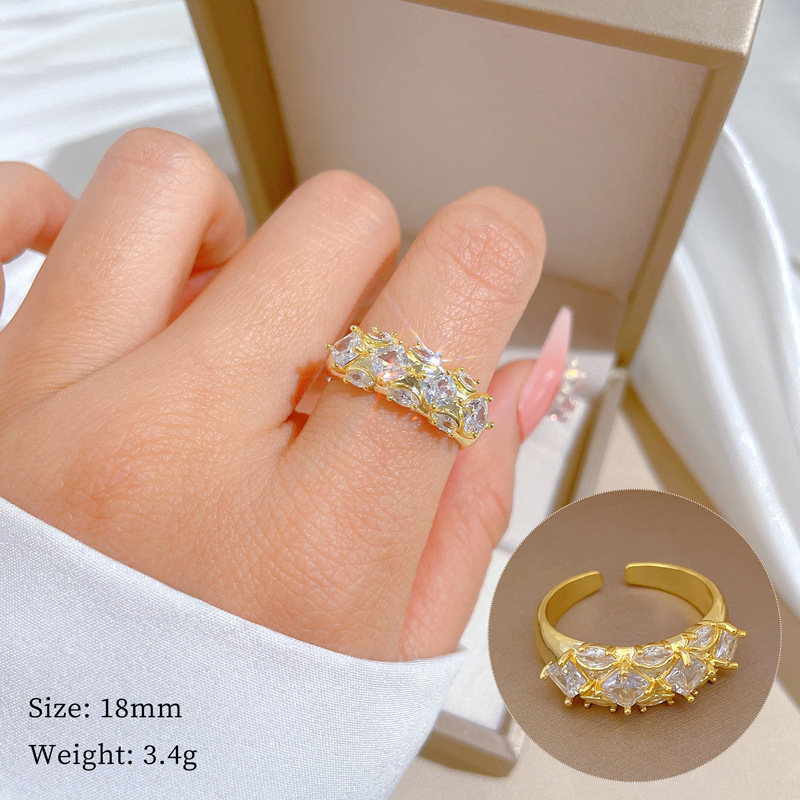 [Real Gold Plating] European and American Design Ins Style Geometric Diamond-Embedded round Bead Ring Female Cold Style Open Ring