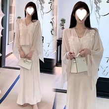 孕妇2024新中式国风白色披肩雪纺开衫外套套装女吊带背心两件套