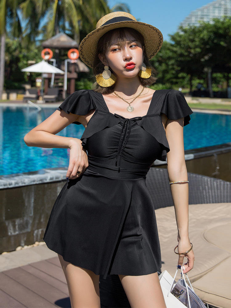 性感小荷叶边双肩带大码女泳衣粉色少女系微胖mm加肥学生显瘦泳装