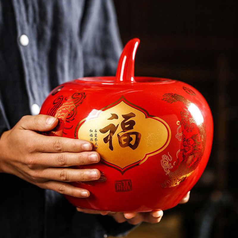 景德镇陶瓷 糖罐子中国红色苹果储物罐客厅玄关结婚装饰摆件大号