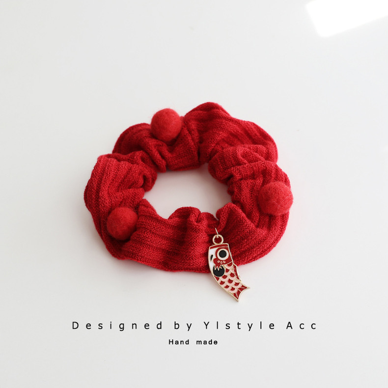 新年款发饰红色原创手作大肠圈鲤鱼发绳毛毡扎马尾皮筋皮套头饰女
