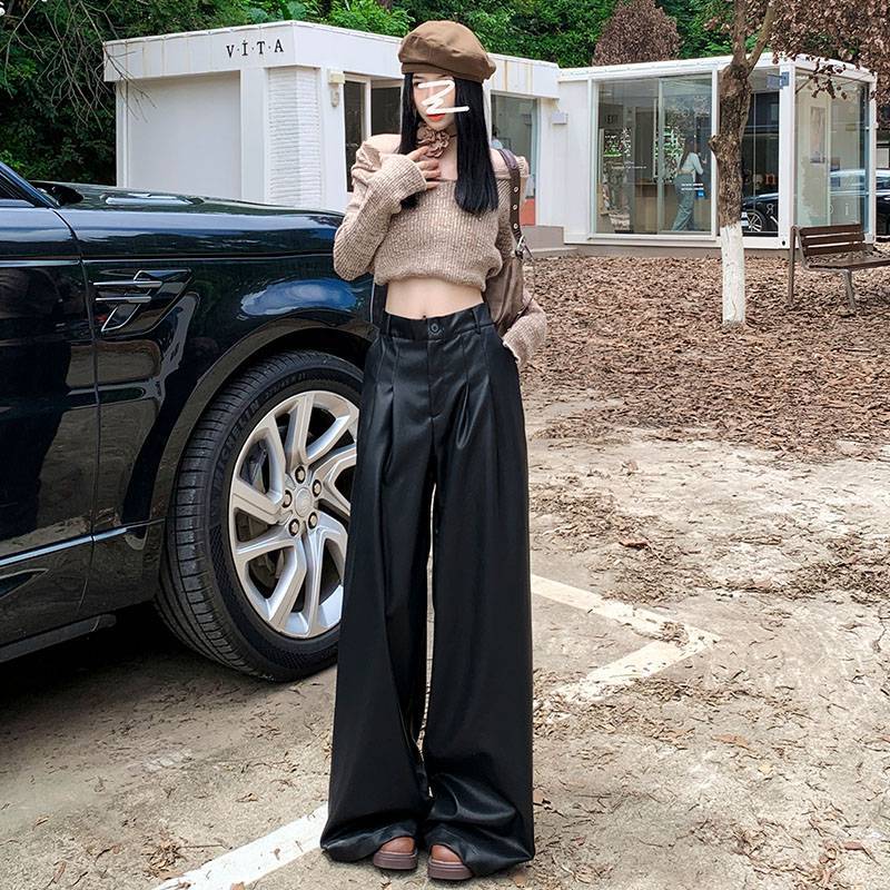 包邮代发美式松紧腰阔腿休闲皮裤女宽松美拉德穿搭年秋季新款垂感