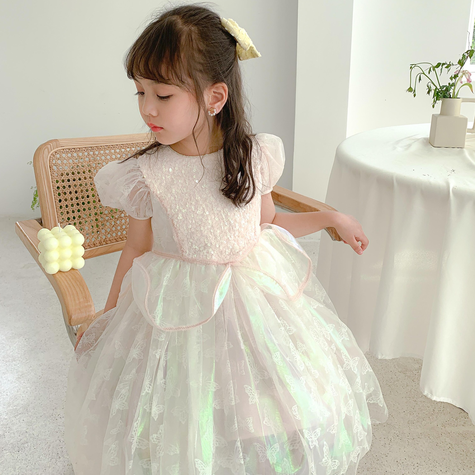 女童纱裙2021夏款渐变亮片公主裙洋气生日礼服连衣裙儿童短袖裙爆