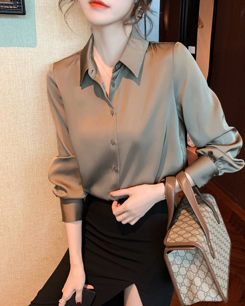 醋酸缎面衬衫女春秋款上衣法式冰丝职业正肩秋冬内搭真丝雪纺衬衣
