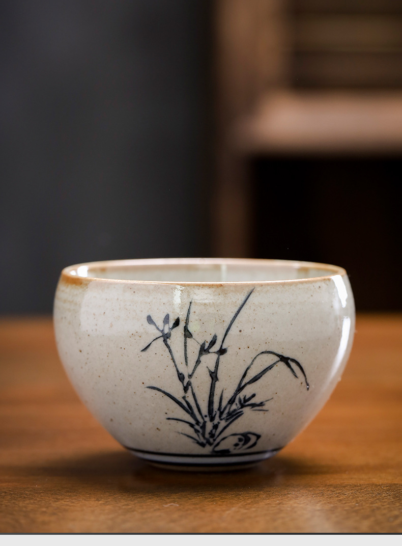 青花仿古草木灰茶杯陶瓷品茗杯单杯主人杯功夫茶具大号家用陶瓷杯
