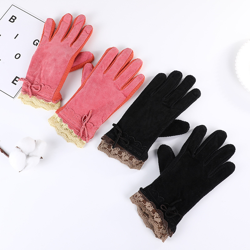 Women's Fashion Elastic Thickened Gloves Fleece Lined Lace Cuffs Gloves Wind-Proof and Cold Protection Gloves for Winter Outdoor Gloves