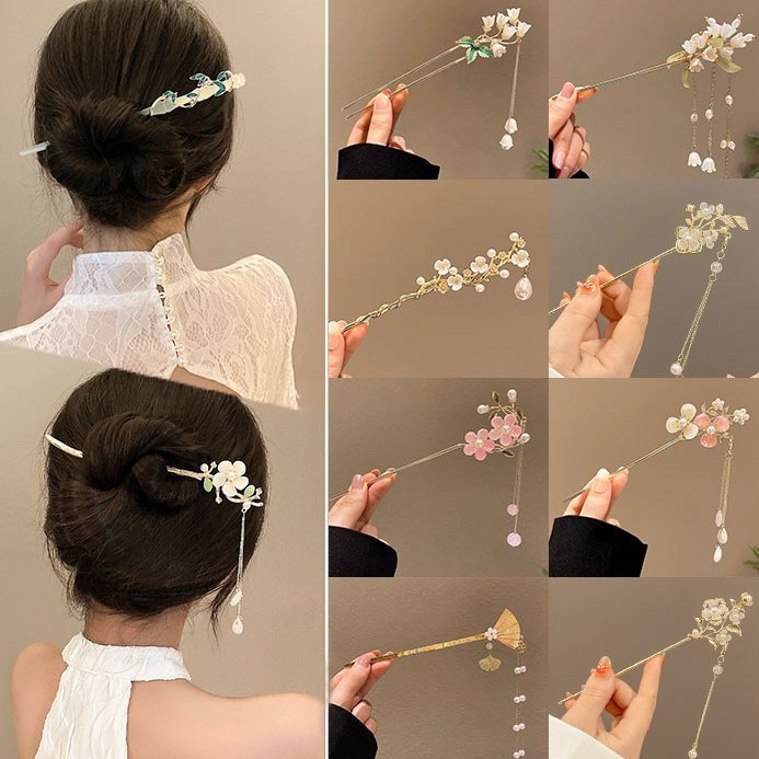 Antiquity Hair Clasp Tassel Flowers Hair Clasp High-Grade Headdress Temperament Han Chinese Clothing Hair Accessories Hairpin Back Head Updo Pin