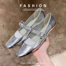 羊皮版法式复古圆头玛丽珍鞋2023夏季新款浅口中跟粗跟银色单鞋潮