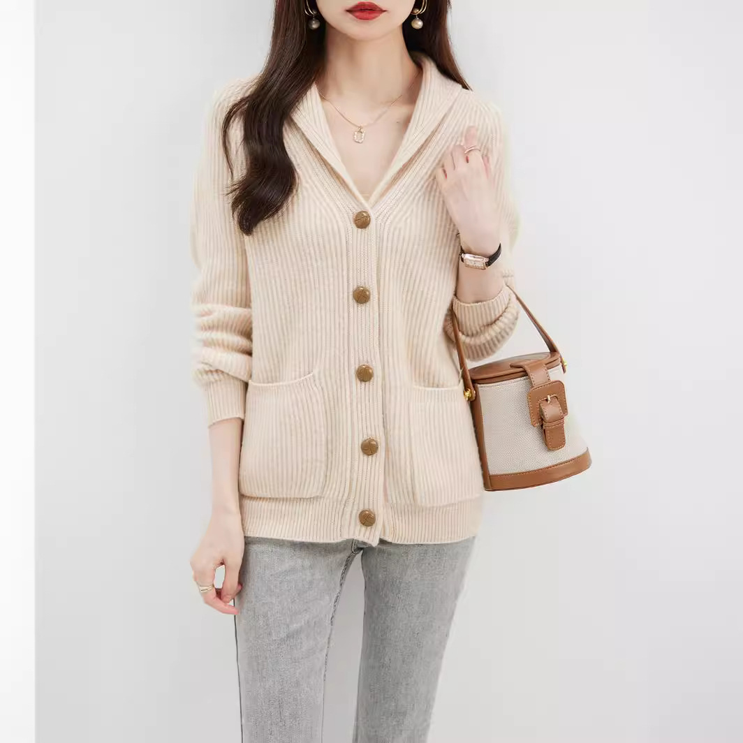 秋冬重磅加厚软糯羊毛衫女绒西装领宽松毛衣针织开衫外套中长款批