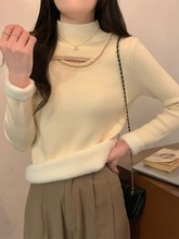 韩版半高领气质镂空时髦镶钻打底衫女秋冬加厚一体绒保暖针织毛衣