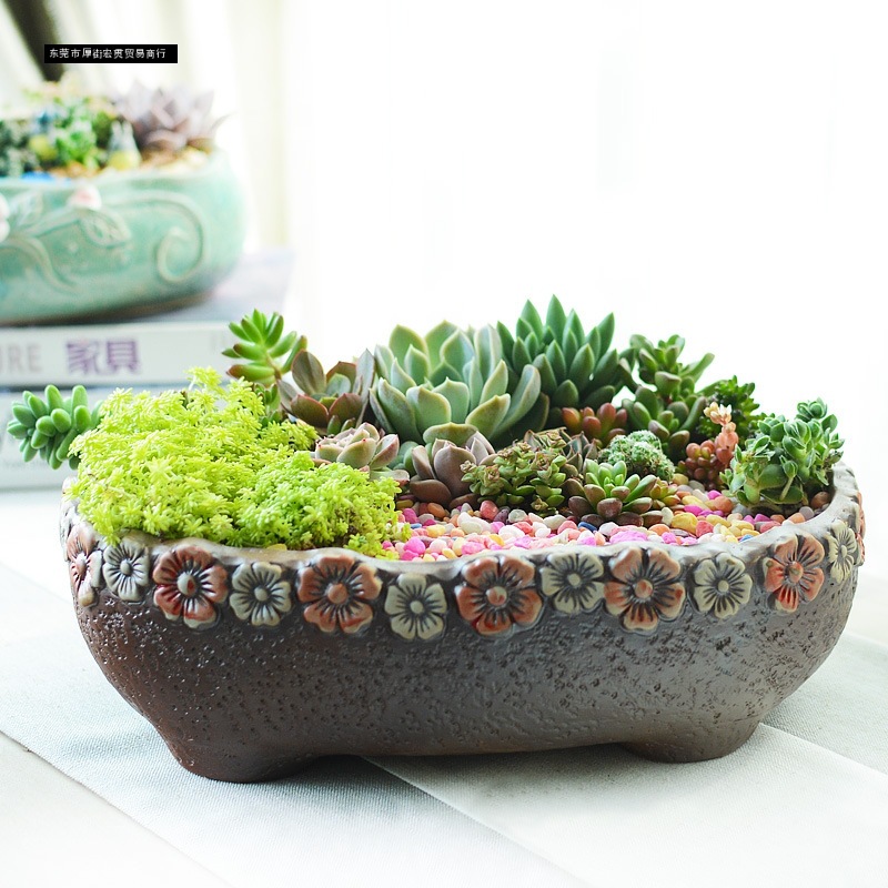 大口径多肉花盆陶瓷盆简约大号粗陶多肉植物拼盘组合花盆
