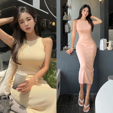 韩国东大门新款圆领纯色修身性感收腰显身材中长款无袖针织连衣裙