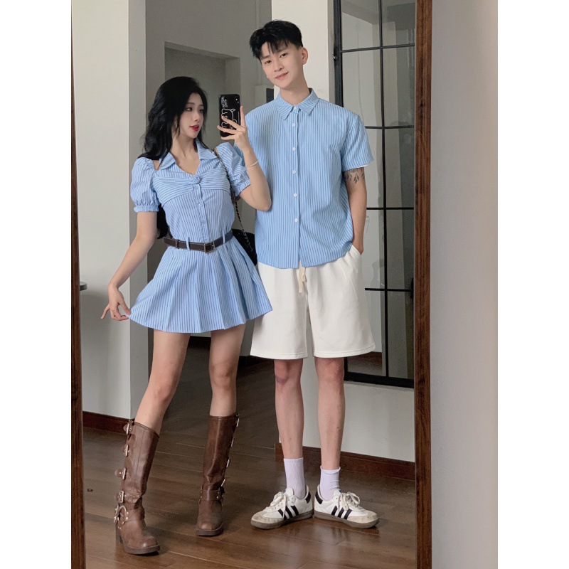 实拍情侣装夏小众设计感韩版男短袖衬衫女露肩领条纹连衣裙-阿里巴巴