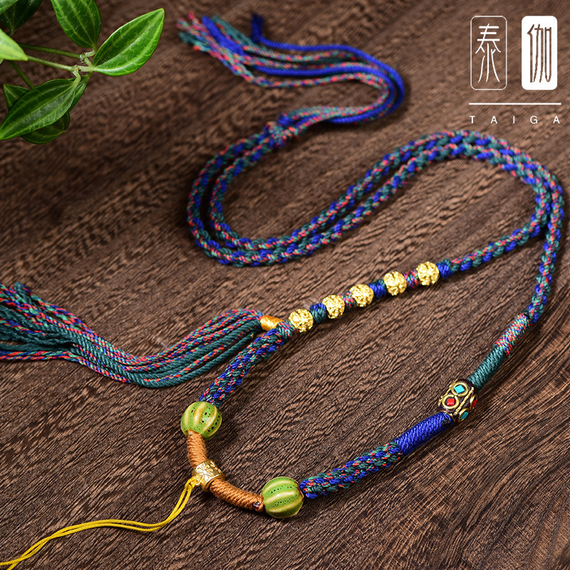 藏风手工精编吊坠绳挂脖多宝民族风唐卡佛牌蜜蜡项链配绳子青花