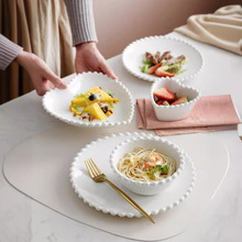 ins白色珠边盘陶瓷西餐碗沙拉碗家用菜盘早餐甜品盘圆形爱形方形