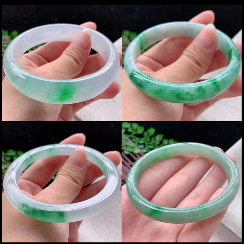 48-65圈口缅甸翡翠a货白底青冰种紫罗兰满绿春彩圆条叮当细条手镯