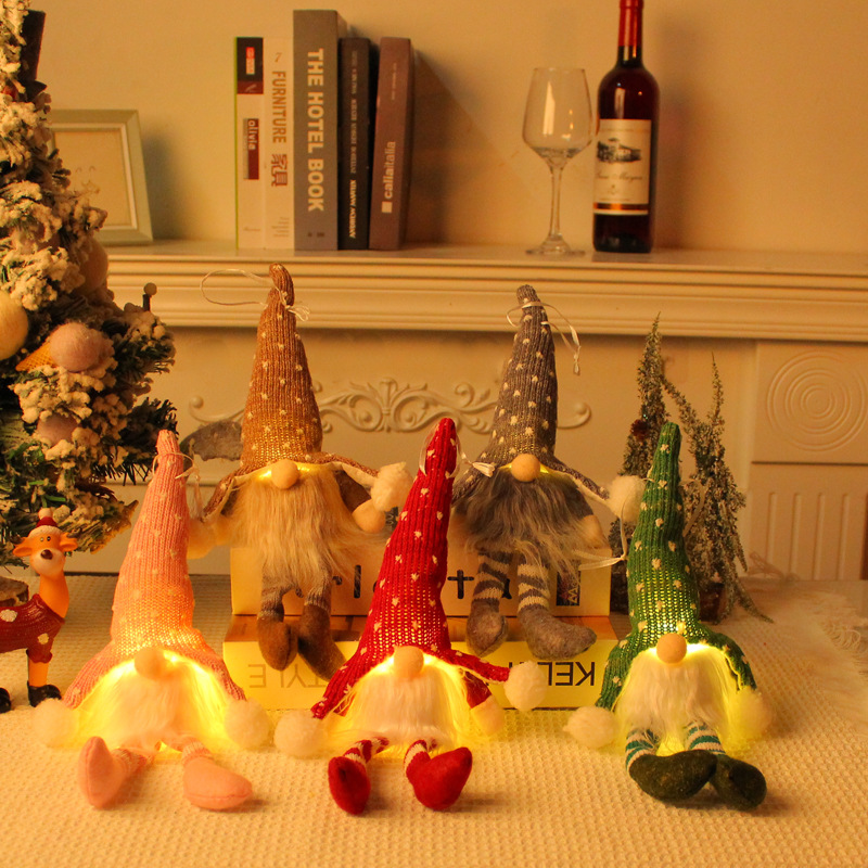 hong kong love cross-border christmas forest elderly hanging leg pendant with light knitted hat sitting faceless doll ornaments