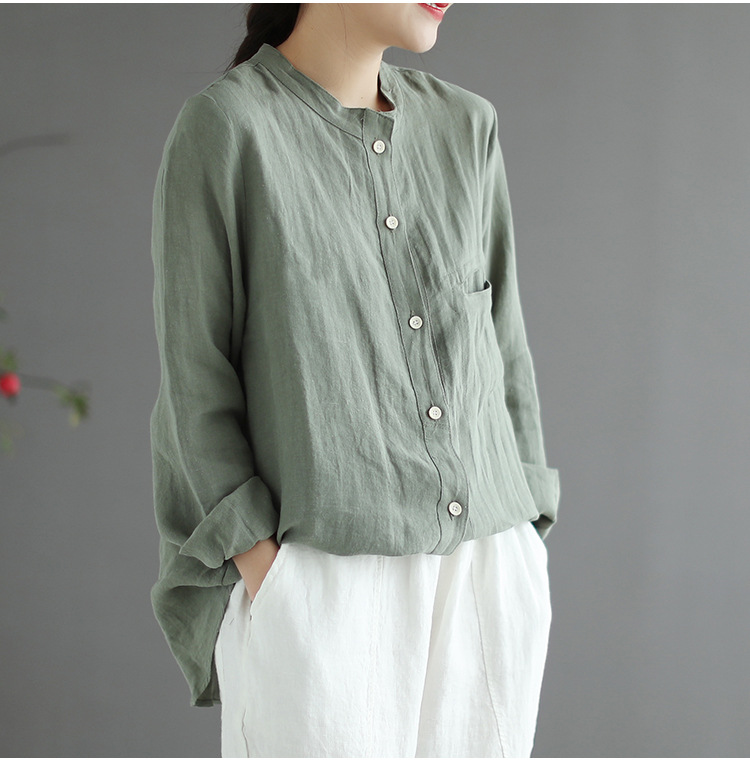 立领棉麻衬衫女复古文艺亚麻衬衫上衣长袖百搭休闲衬衫2021春秋款