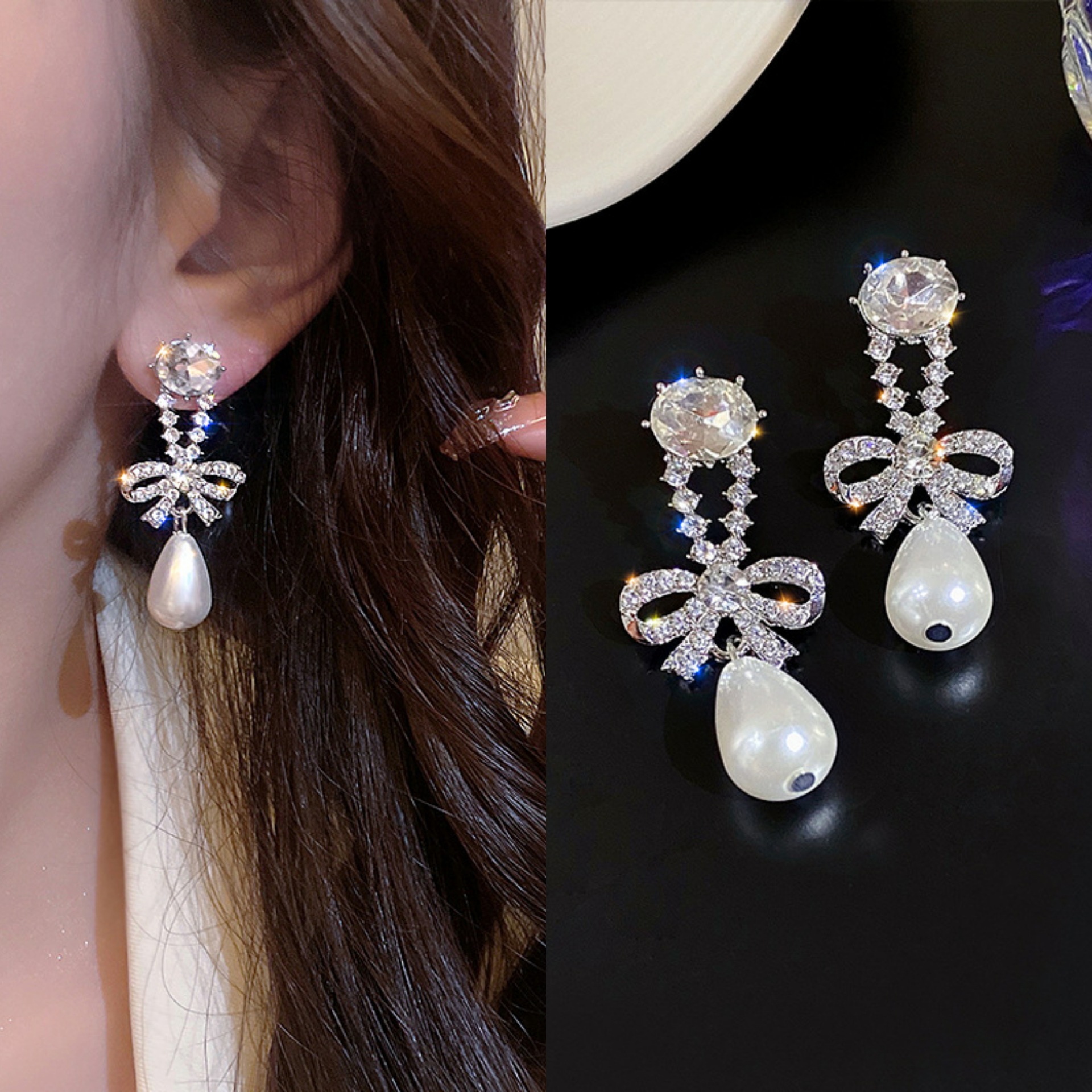 日韩风甜美气质蝴蝶结耳坠小众设计感珍珠耳环新款潮个性百搭耳饰